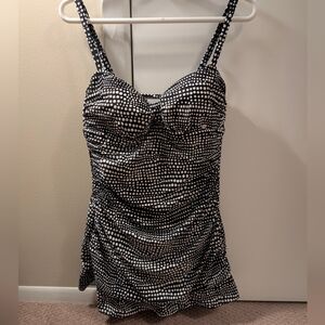 Beach Diva Black and White Polka Dot One Piece Swimsuit Swim Dress Size 14 NWOT